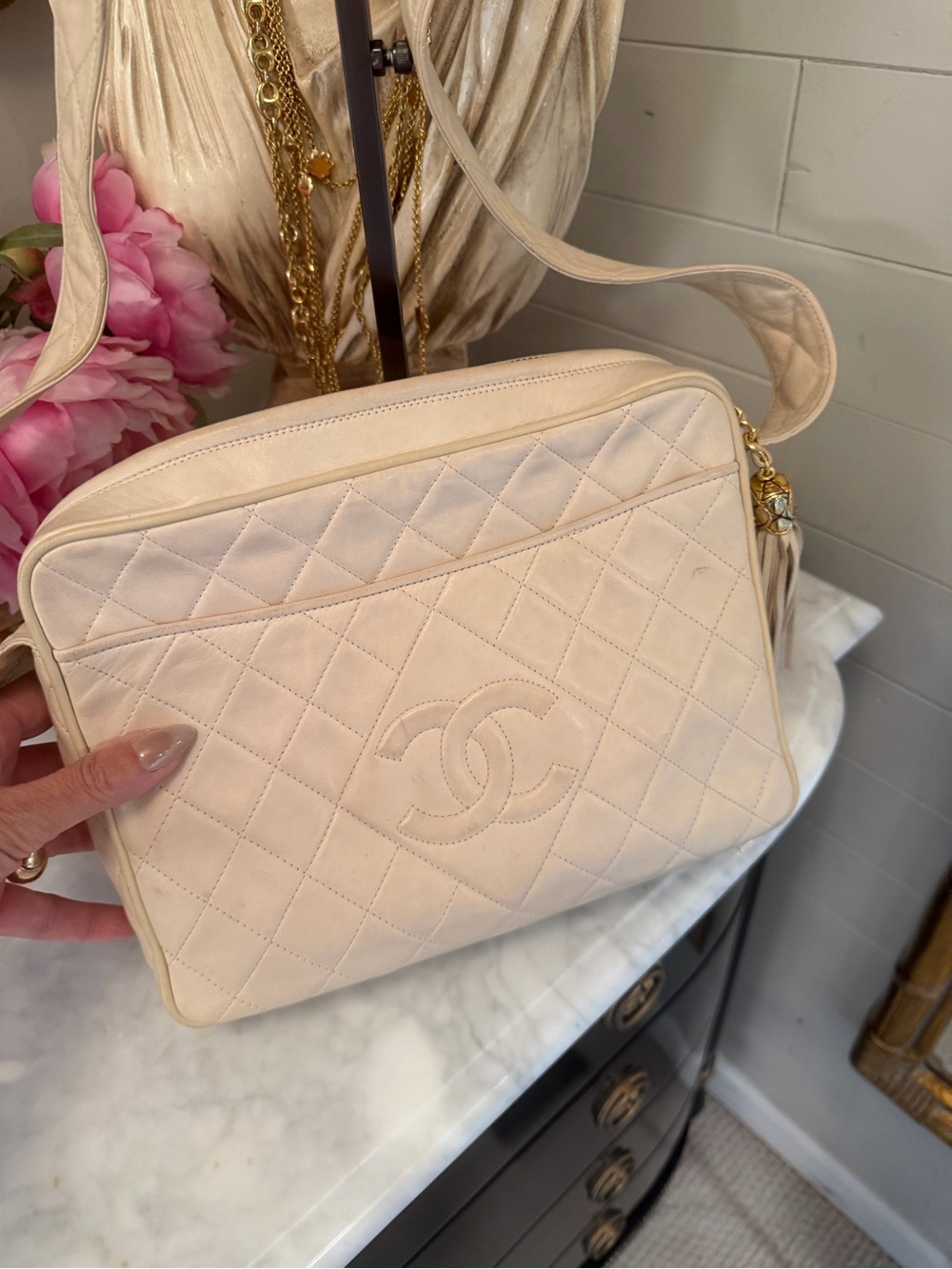 CHANEL Cream Quilted Crossbody Camera Bag with Gold Hardware